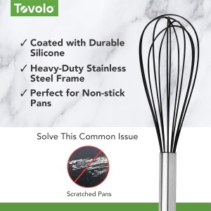 Tovolo Balloon Whisk 11 in Whip Whisk for Cooking Blending Mixing Stirring Whipping Beating, Dishwasher Safe Silicone Coated Wire Handheld Large Heavy Duty Multi Function Whip Whisking Mixer, Black