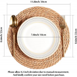 Round Woven Placemats 12 inch Set of 10 - Boho Rattan Placemats Natural Water Hyacinth Placemat, Farmhouse Weave Place Mats, Rustic Braided Wicker Table Mats for Dining Table,Home,Wedding