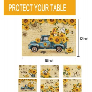 pinata Sunflower Linen Square Spring Placemats Set of 6, Sunflower Table Decor, Vintage Spring Summer Sunshine Gnome Truck Table Mats for Farmhouse Holiday Indoor Outdoor Party Dining Decoration