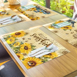 pinata Sunflower Linen Square Spring Placemats Set of 6, Sunflower Table Decor, Vintage Spring Summer Sunshine Gnome Truck Table Mats for Farmhouse Holiday Indoor Outdoor Party Dining Decoration