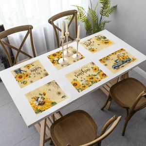 pinata Sunflower Linen Square Spring Placemats Set of 6, Sunflower Table Decor, Vintage Spring Summer Sunshine Gnome Truck Table Mats for Farmhouse Holiday Indoor Outdoor Party Dining Decoration