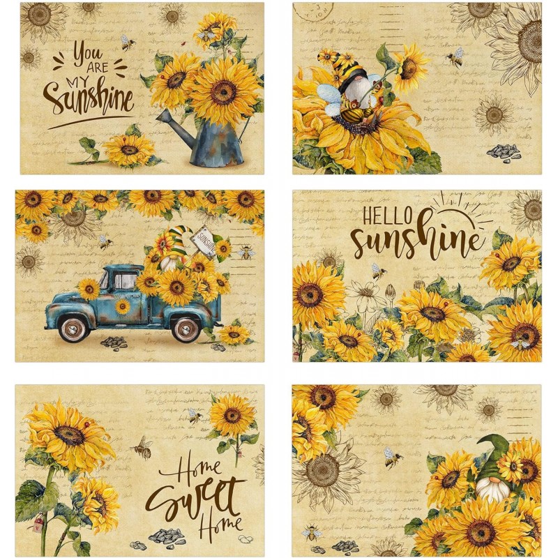 pinata Sunflower Linen Square Spring Placemats Set of 6, Sunflower Table Decor, Vintage Spring Summer Sunshine Gnome Truck Table Mats for Farmhouse Holiday Indoor Outdoor Party Dining Decoration