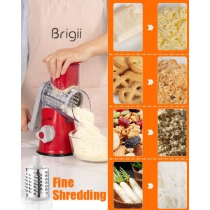Brigii Rotary Cheese Grater Hand Crank, Cheese Shredder with 3 Drum Blades, Mandoline Slicer, Food Chopper for Hard Cheese, Vegetable, Nuts, Potato