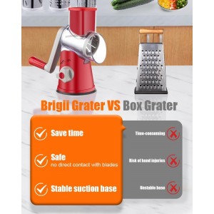 Brigii Rotary Cheese Grater Hand Crank, Cheese Shredder with 3 Drum Blades, Mandoline Slicer, Food Chopper for Hard Cheese, Vegetable, Nuts, Potato