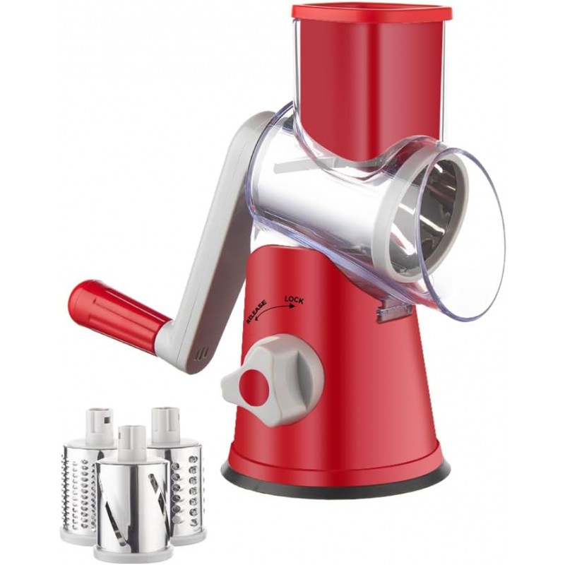Brigii Rotary Cheese Grater Hand Crank, Cheese Shredder with 3 Drum Blades, Mandoline Slicer, Food Chopper for Hard Cheese, Vegetable, Nuts, Potato