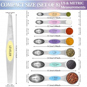 Magnetic Measuring Spoons Set of 8 with Leveler, Stainless Steel Metal Measuring Spoon, Dual Sided for Measuring Dry and Liquid Ingredients, Teaspoon Tablespoon Measure Spoons (Multicolor)