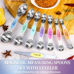 Magnetic Measuring Spoons Set of 8 with Leveler, Stainless Steel Metal Measuring Spoon, Dual Sided for Measuring Dry and Liquid Ingredients, Teaspoon Tablespoon Measure Spoons (Multicolor)