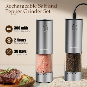 Electric Salt and Pepper Grinder Set - Birthday Kitchen Gifts for Women, Mom, Rechargeable with LED Lights, Stainless Steel Automatic Mill, Adjustable Coarseness, Large Capacity, Silver