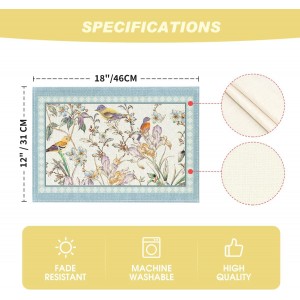 Artoid Mode Blue Birds Flowers Blossom Placemats Set of 4, 12x18 Inch Table Mats for Table Runner Party Kitchen Dining Decoration