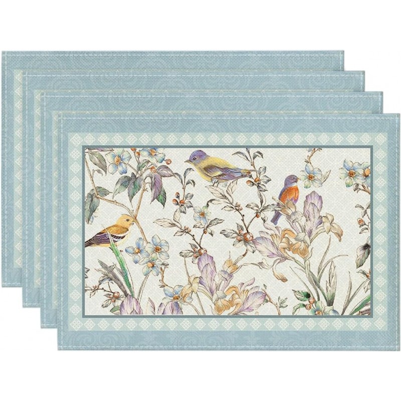 Artoid Mode Blue Birds Flowers Blossom Placemats Set of 4, 12x18 Inch Table Mats for Table Runner Party Kitchen Dining Decoration