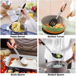 TeamFar Cooking Utensils Set, 5 PCS Silicone Kitchen Utensils with Stainless Steel Handle, for Nonstick Cookware Flipping Frying Turning Draining, Heatproof & Healthy, Nonstick & Easy Clean, Black