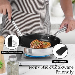 TeamFar Cooking Utensils Set, 5 PCS Silicone Kitchen Utensils with Stainless Steel Handle, for Nonstick Cookware Flipping Frying Turning Draining, Heatproof & Healthy, Nonstick & Easy Clean, Black