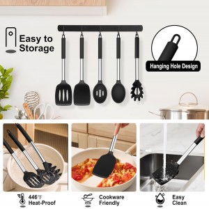 TeamFar Cooking Utensils Set, 5 PCS Silicone Kitchen Utensils with Stainless Steel Handle, for Nonstick Cookware Flipping Frying Turning Draining, Heatproof & Healthy, Nonstick & Easy Clean, Black