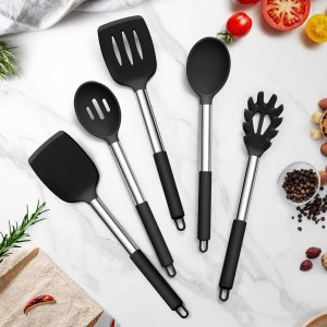 TeamFar Cooking Utensils Set, 5 PCS Silicone Kitchen Utensils with Stainless Steel Handle, for Nonstick Cookware Flipping Frying Turning Draining, Heatproof & Healthy, Nonstick & Easy Clean, Black