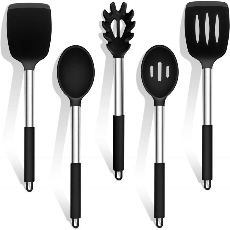 TeamFar Cooking Utensils Set, 5 PCS Silicone Kitchen Utensils with Stainless Steel Handle, for Nonstick Cookware Flipping Frying Turning Draining, Heatproof & Healthy, Nonstick & Easy Clean, Black