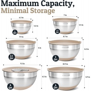 Priority Chef 6Pc Large Mixing Bowls With Lids Set with Non-Slip Bases, Stainless Steel Mixing Bowl Set, 6 Airtight Lids and 3 Graters, Khaki