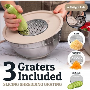 Priority Chef 6Pc Large Mixing Bowls With Lids Set with Non-Slip Bases, Stainless Steel Mixing Bowl Set, 6 Airtight Lids and 3 Graters, Khaki