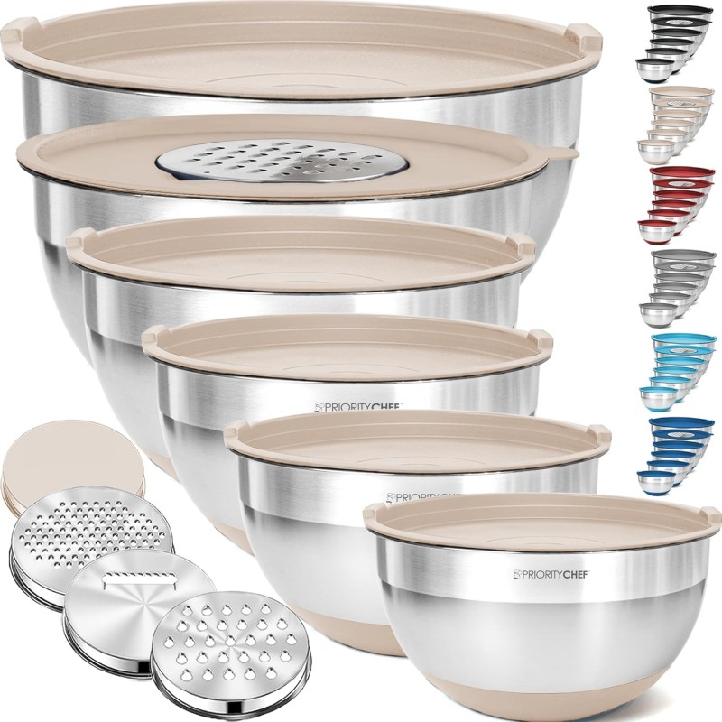 Priority Chef 6Pc Large Mixing Bowls With Lids Set with Non-Slip Bases, Stainless Steel Mixing Bowl Set, 6 Airtight Lids and 3 Graters, Khaki