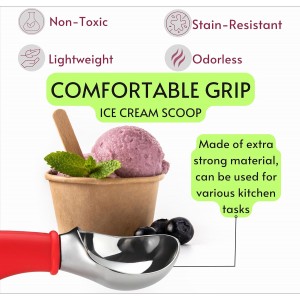 Ice Cream Scoop with Comfortable Soft Grip Handle, Professional Heavy Duty Sturdy Scooper, Premium Metal Kitchen Tool for Cookie Dough, Gelato, Sorbet, Melon (Red)