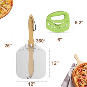 Aluminum Metal Pizza Peel, Pizza Peel 12 inch with Foldable Wood Handle, Pizza Spatula, Pizza Spatula for Oven, with Pizza Cutter, Pizza oven accessories