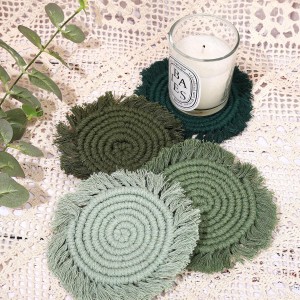Whaline 4Pcs Boho Macrame Coasters Green Handmade Woven Drink Coasters Farmhouse Rustic Cup Mat Pad for Home Kitchen Office Table Desk Housewarming Gift Party Table Decor