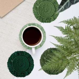 Whaline 4Pcs Boho Macrame Coasters Green Handmade Woven Drink Coasters Farmhouse Rustic Cup Mat Pad for Home Kitchen Office Table Desk Housewarming Gift Party Table Decor