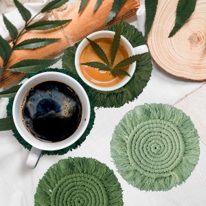 Whaline 4Pcs Boho Macrame Coasters Green Handmade Woven Drink Coasters Farmhouse Rustic Cup Mat Pad for Home Kitchen Office Table Desk Housewarming Gift Party Table Decor