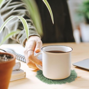 Whaline 4Pcs Boho Macrame Coasters Green Handmade Woven Drink Coasters Farmhouse Rustic Cup Mat Pad for Home Kitchen Office Table Desk Housewarming Gift Party Table Decor