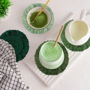 Whaline 4Pcs Boho Macrame Coasters Green Handmade Woven Drink Coasters Farmhouse Rustic Cup Mat Pad for Home Kitchen Office Table Desk Housewarming Gift Party Table Decor