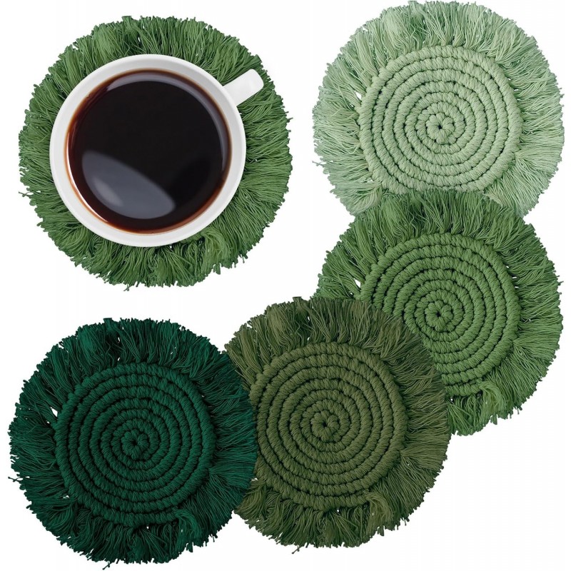Whaline 4Pcs Boho Macrame Coasters Green Handmade Woven Drink Coasters Farmhouse Rustic Cup Mat Pad for Home Kitchen Office Table Desk Housewarming Gift Party Table Decor
