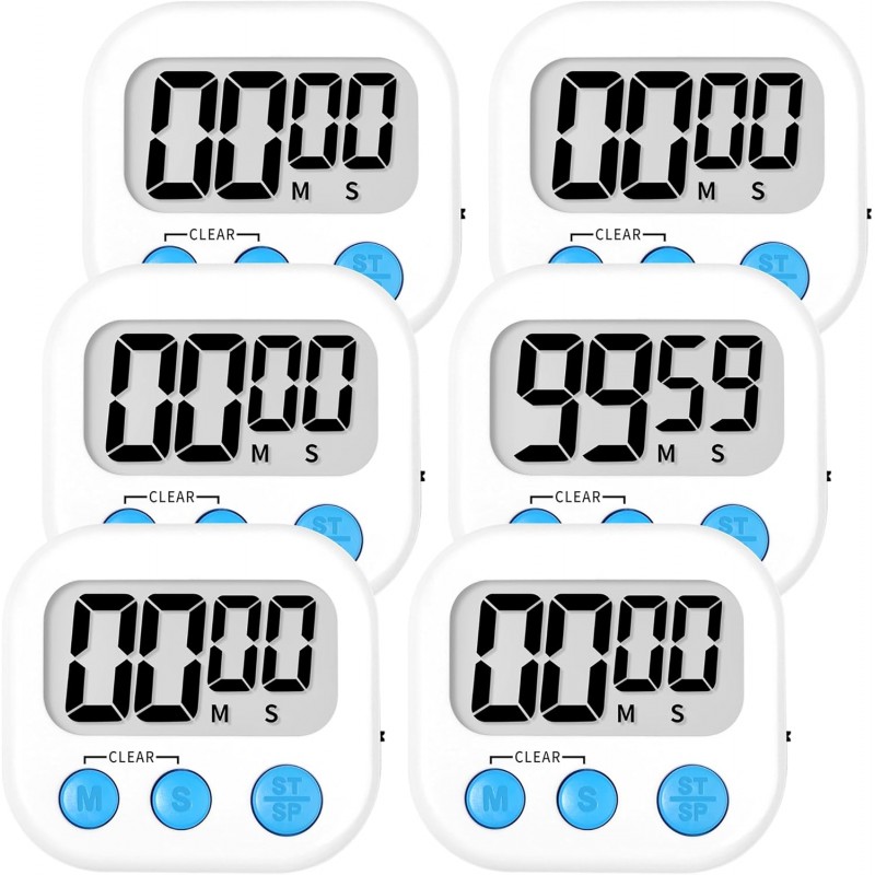 ZILLEEN Kitchen Timer Digital with Magnetic Back for Kids Classroom, White 6 Pack