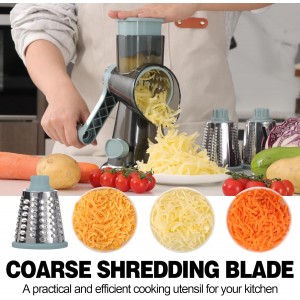 Cheese Grater Cheese Shredder with 3 Interchangeable Blades, Rotary Cheese Grater Manual Vegetable Slicer with Non-slip Suction Base Peanut Nuts Grinder Vegetable Shredder Clear