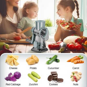 Cheese Grater Cheese Shredder with 3 Interchangeable Blades, Rotary Cheese Grater Manual Vegetable Slicer with Non-slip Suction Base Peanut Nuts Grinder Vegetable Shredder Clear