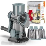 Cheese Grater Cheese Shredder with 3 Interchangeable Blades, Rotary Cheese Grater Manual Vegetable Slicer with Non-slip Suction Base Peanut Nuts Grinder Vegetable Shredder Clear
