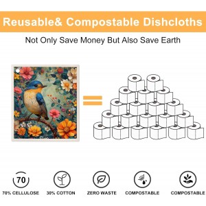 6 Pack Swedish Dishcloths for Kitchen - Reusable Dish Paper Towels Wash Cloths Washable,Absorbent Cellulose Cleaning Sponge Cloth Wipes Quick Dry, Decorative Tea Towels,No Odor Biodegradable(Bird)