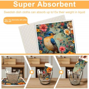 6 Pack Swedish Dishcloths for Kitchen - Reusable Dish Paper Towels Wash Cloths Washable,Absorbent Cellulose Cleaning Sponge Cloth Wipes Quick Dry, Decorative Tea Towels,No Odor Biodegradable(Bird)