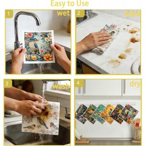 6 Pack Swedish Dishcloths for Kitchen - Reusable Dish Paper Towels Wash Cloths Washable,Absorbent Cellulose Cleaning Sponge Cloth Wipes Quick Dry, Decorative Tea Towels,No Odor Biodegradable(Bird)