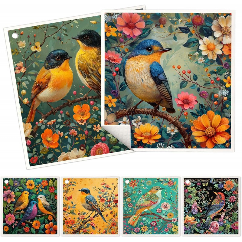 6 Pack Swedish Dishcloths for Kitchen - Reusable Dish Paper Towels Wash Cloths Washable,Absorbent Cellulose Cleaning Sponge Cloth Wipes Quick Dry, Decorative Tea Towels,No Odor Biodegradable(Bird)