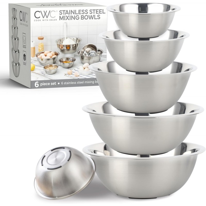 COOK WITH COLOR Stainless Steel Mixing Bowls Set - Nesting Bowls, 6 Pieces, Silver with Non Slip Bottom