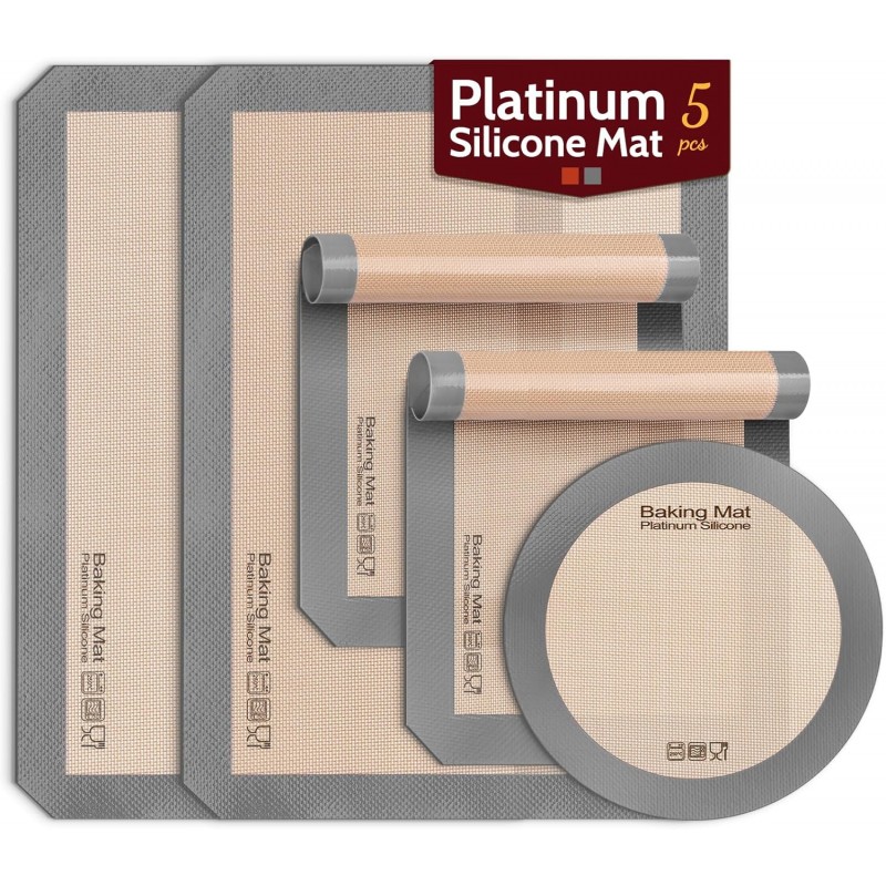 Silicone Baking Mat - Sopito Platinum Silicone - Non-Stick, Food Safe, Reusable Baking Sheet Liner, 5Pcs Set for Half Sheet Size Tray & Quarter Size Tray and 9'' Pizza pan, Grey