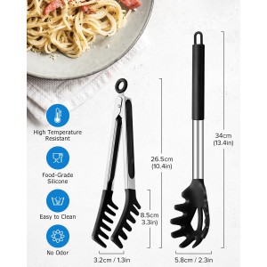 Spaghetti Spoon and Pasta Tong, Non-stick Silicone Spoon Server Fork with teeth and Stainless Steel Handle Spaghetti Tong, Food Clip for Spaghetti Noodle (BLACK)