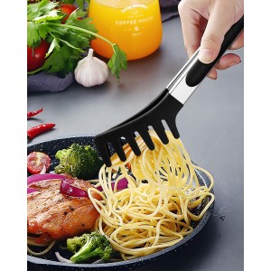 Spaghetti Spoon and Pasta Tong, Non-stick Silicone Spoon Server Fork with teeth and Stainless Steel Handle Spaghetti Tong, Food Clip for Spaghetti Noodle (BLACK)
