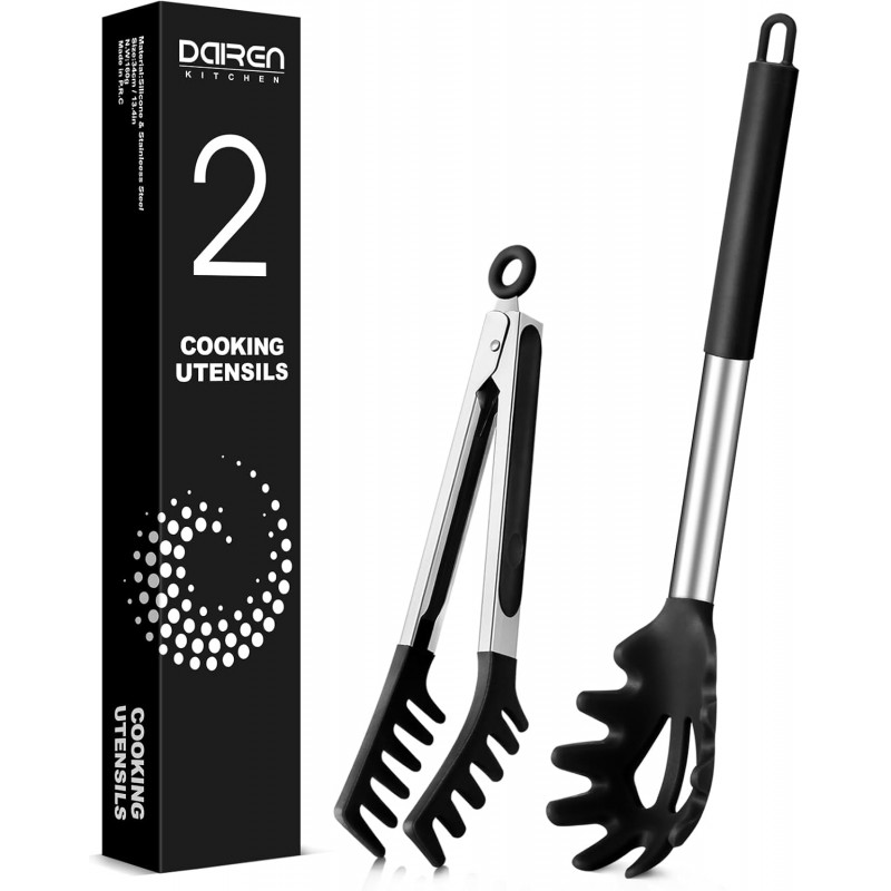 Spaghetti Spoon and Pasta Tong, Non-stick Silicone Spoon Server Fork with teeth and Stainless Steel Handle Spaghetti Tong, Food Clip for Spaghetti Noodle (BLACK)