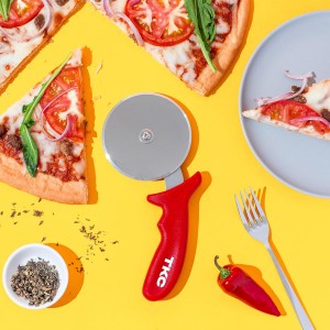 TKC Kitchen Premium Pizza Cutter - Durable Stainless Steel Pizza Cutter Wheel - Easy-to-Clean, Easy-to-Use Pizza Slicer - Super Sharp with Non-Slip Handle - Dishwasher Safe Pizza Wheel (Red)