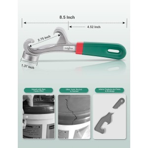 Upgraded Bucket Opener Tool 5 Gallon, 8.5 Inch Aluminum Paint Bucket Lid Opener Wrench with Non-slip Rubber Handle Grip, Metal Can Opener Lid Pail Remover Tool for Home Industrial