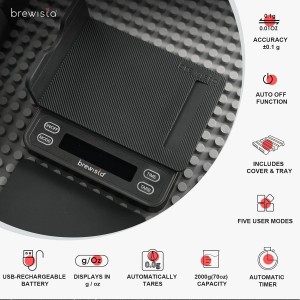 Brewista Smart Coffee Scale III with Timer, 2kg/0.1g High Precision Scale for Espresso and Pour-Over Coffee, Portable Mini Digital Kitchen Scale with Automatic Timing, Rechargeable, 5 Modes