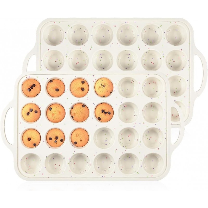 CAKETIME Mini Muffin Pan, Metal Reinforced Frame Mini Cupcake Pans 24 Cups Nonstick Muffin Silicone Molds with Handle for Baking Muffins, Cupcakes, Egg Bites 2 Pack