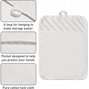 GROBRO7 6Pcs Cotton Oven Mitts and Pot Holders Set Heat Resistant Hot Pads Machine Washable BBQ Gloves with Hanging Loop Durable Pocket Pot Holder for Kitchen Baking Grilling Cooking White
