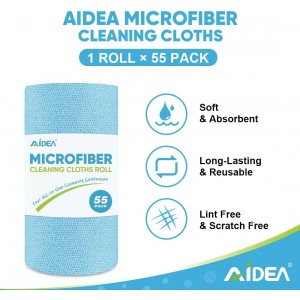 AIDEA Microfiber Cleaning Cloth Roll, Blue Shop Towels 55 Sheets Washable, Microfiber Towels for Cars, Blue Rags Reusable Paper Towel for Automotive, Workshop, House, Kitchen, Cleaning Supplies11×9