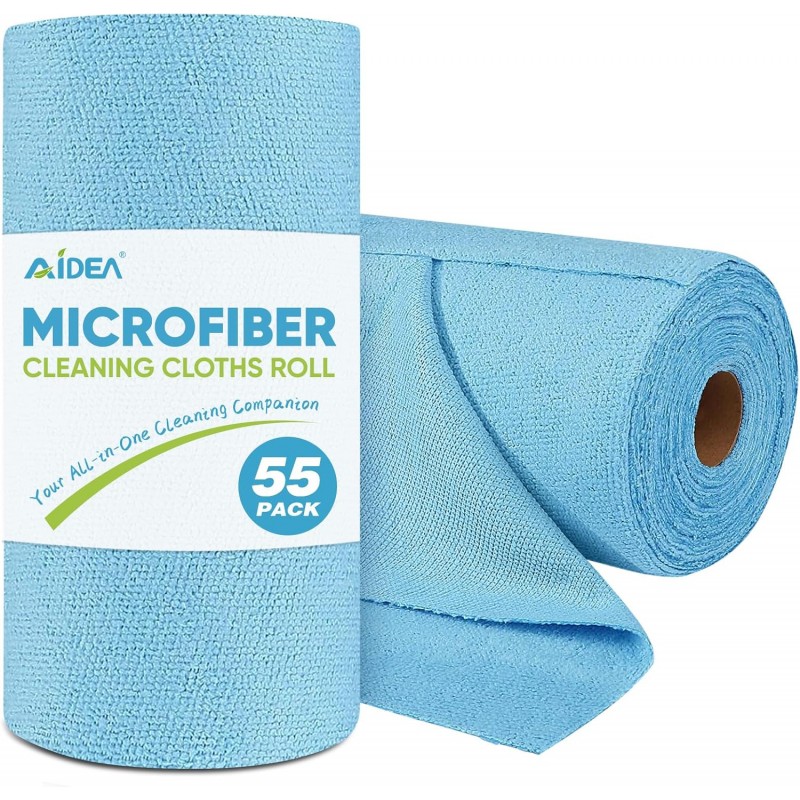 AIDEA Microfiber Cleaning Cloth Roll, Blue Shop Towels 55 Sheets Washable, Microfiber Towels for Cars, Blue Rags Reusable Paper Towel for Automotive, Workshop, House, Kitchen, Cleaning Supplies11×9